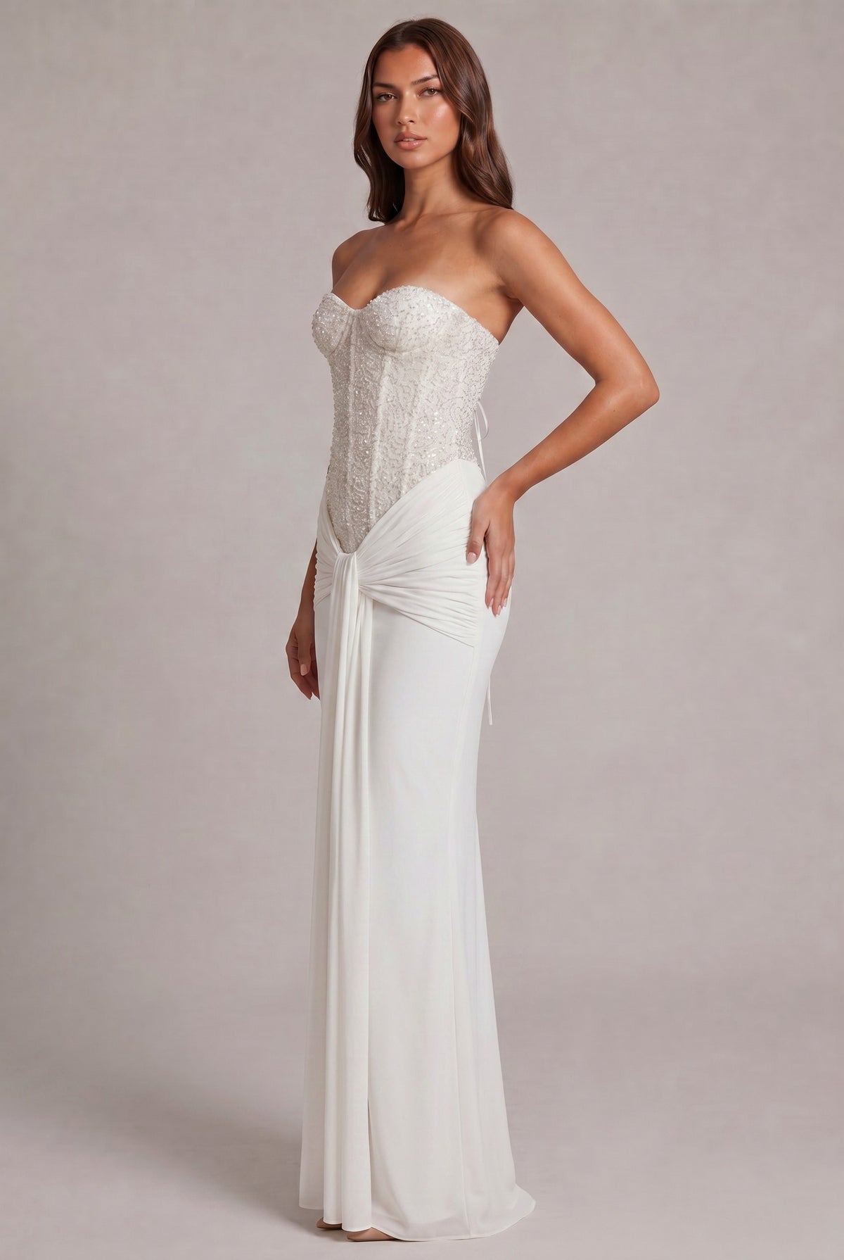 Sequin Corset Strapless Draped Maxi Dress