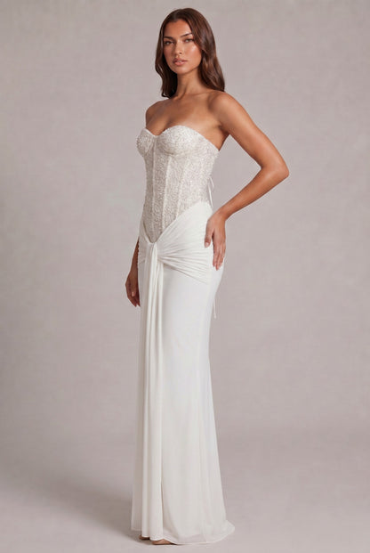 Sequin Corset Strapless Draped Maxi Dress