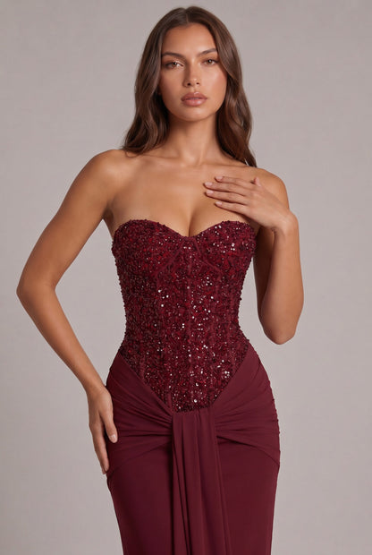 Sequin Corset Strapless Draped Maxi Dress