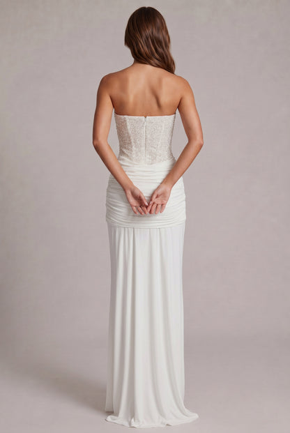 Sequin Corset Strapless Draped Maxi Dress