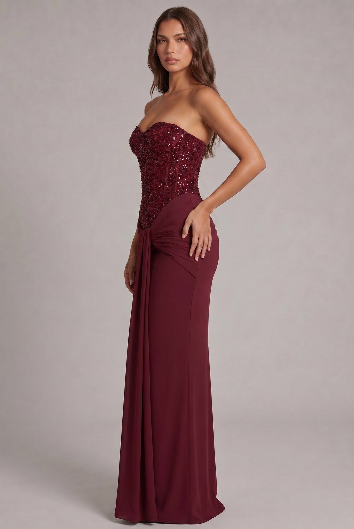 Sequin Corset Strapless Draped Maxi Dress