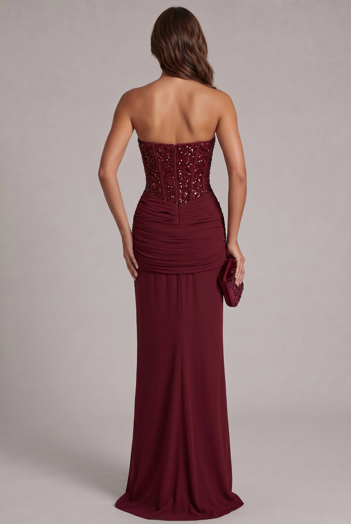 Sequin Corset Strapless Draped Maxi Dress
