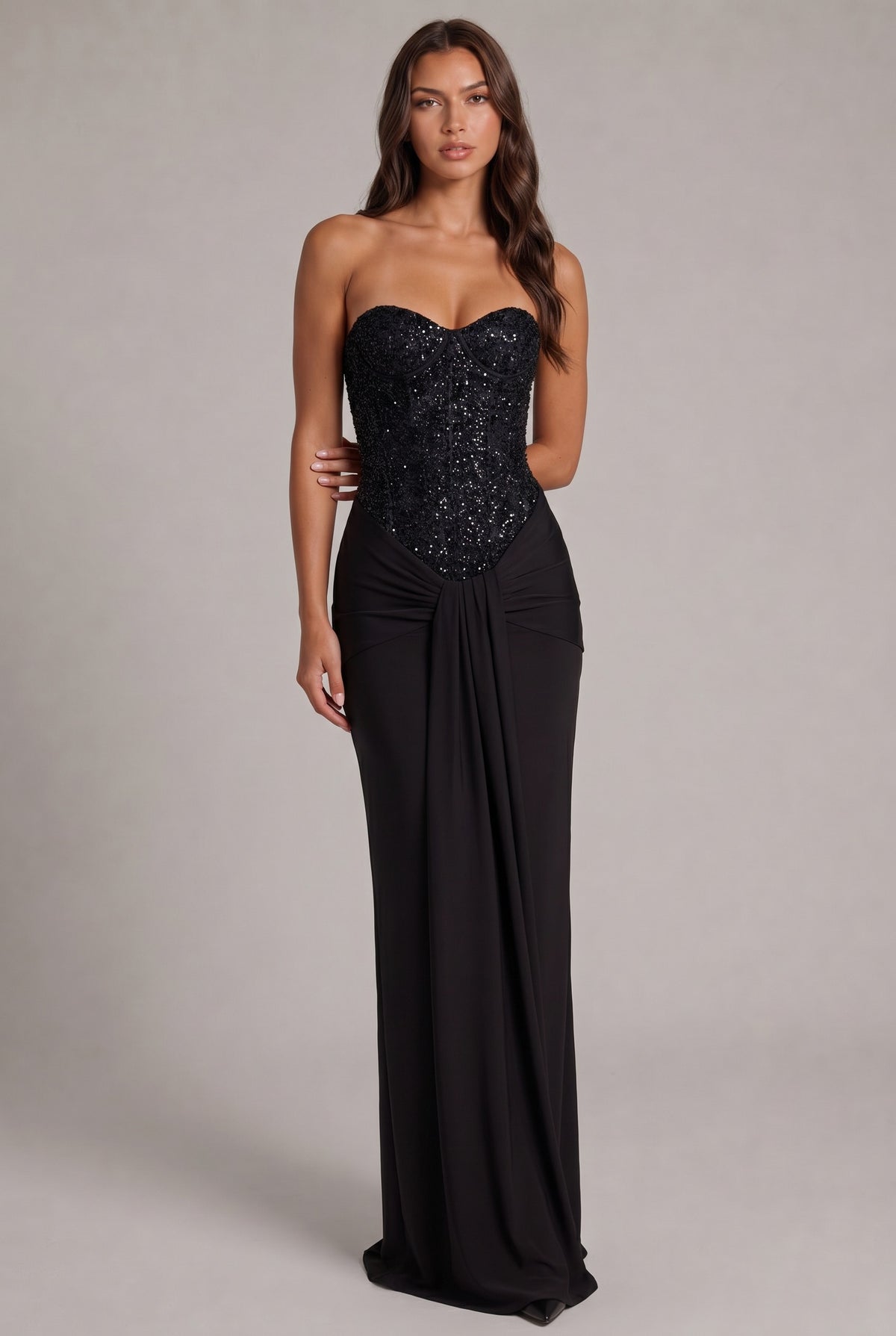 Sequin Corset Strapless Draped Maxi Dress