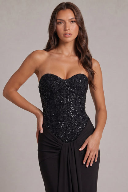Sequin Corset Strapless Draped Maxi Dress