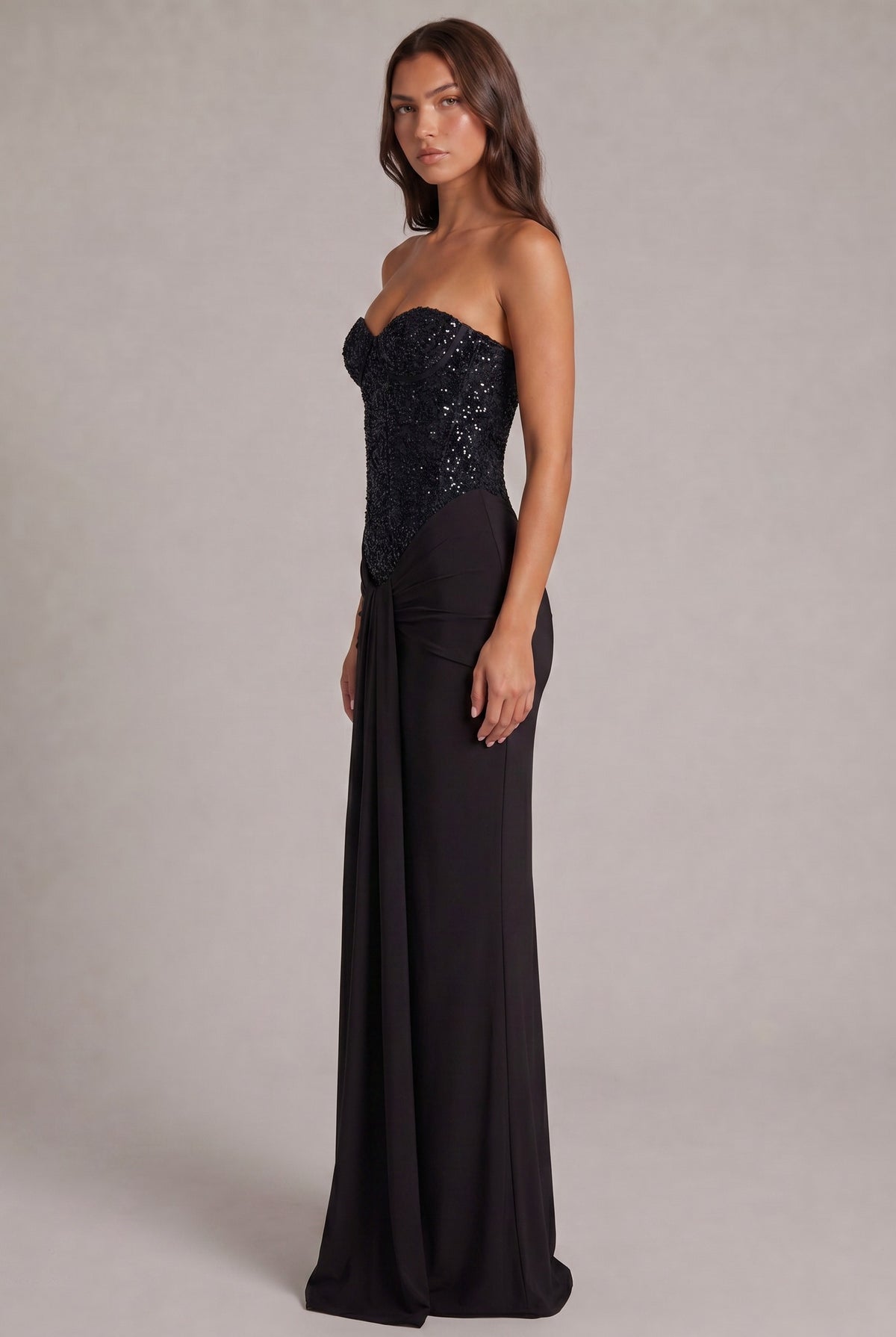 Sequin Corset Strapless Draped Maxi Dress