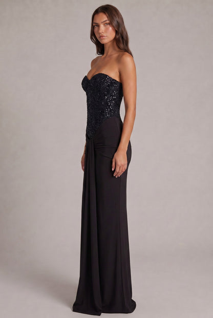 Sequin Corset Strapless Draped Maxi Dress
