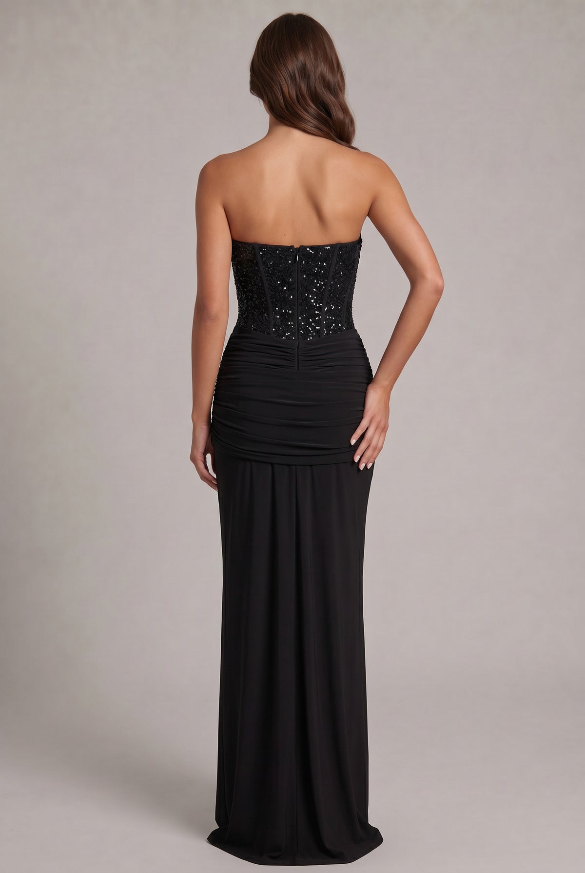 Sequin Corset Strapless Draped Maxi Dress