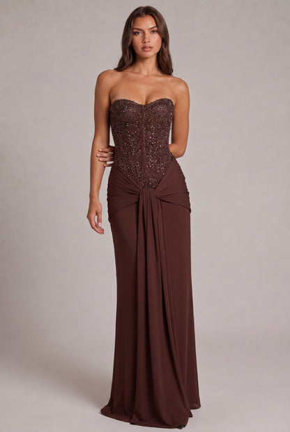 Sequin Corset Strapless Draped Maxi Dress