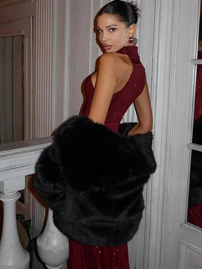 Sequin Halter Backless Maxi Dress