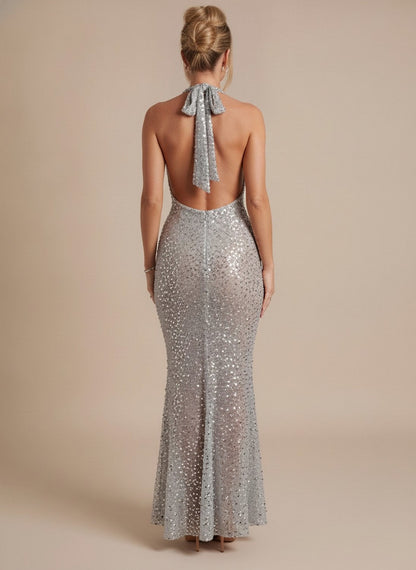 Sequin Halter Cowl Maxi Dress