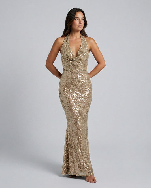 Sequin Halter Cowl Neck Maxi Dress