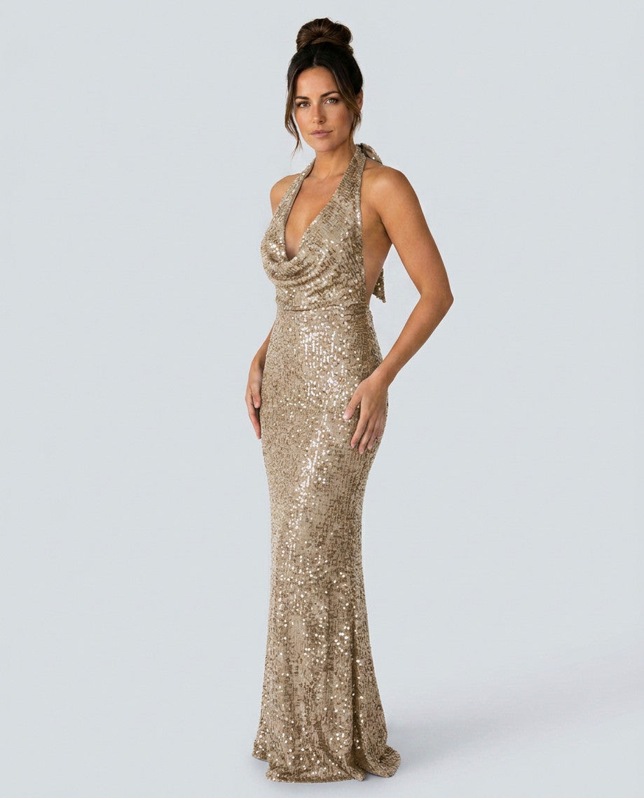 Sequin Halter Cowl Neck Maxi Dress