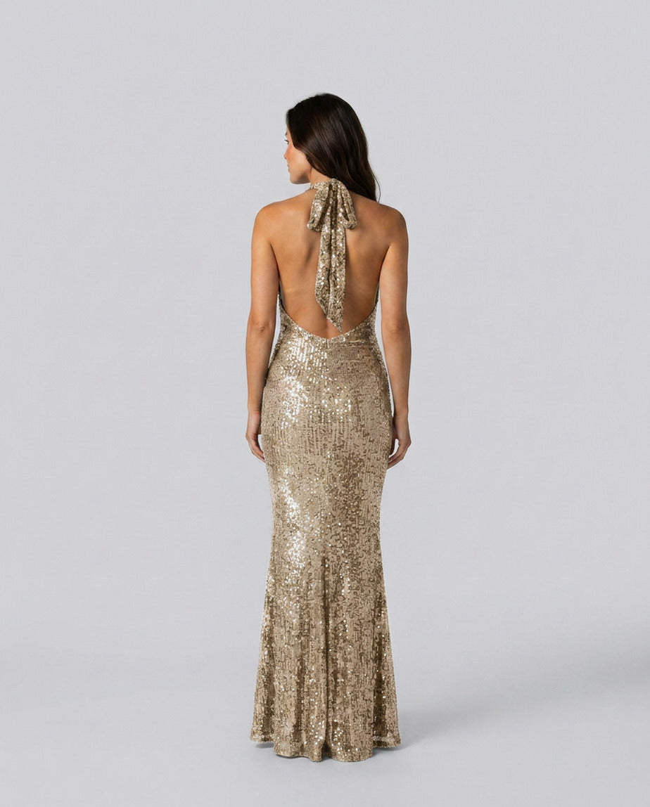 Sequin Halter Cowl Neck Maxi Dress