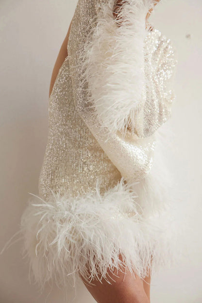 Sequin Long Sleeve Faux Fur Trim Mini Dress
