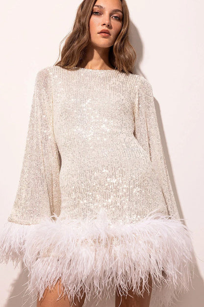 Sequin Long Sleeve Faux Fur Trim Mini Dress