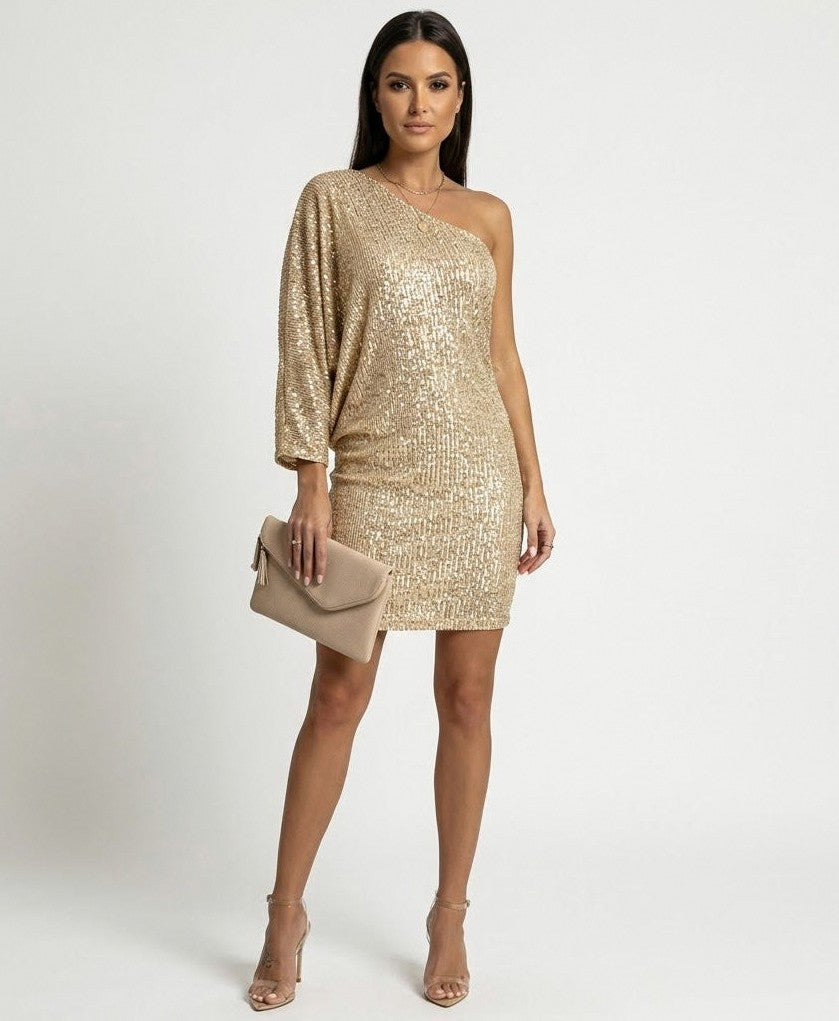 Sequin 3/4 Sleeve One Shoulder Mini Dress