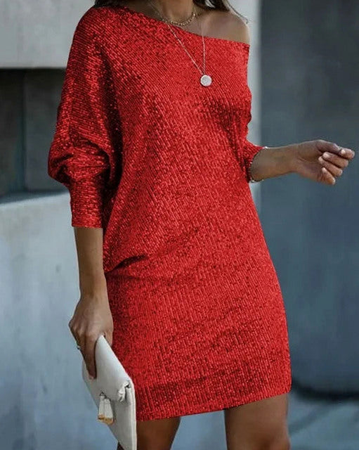 Sequin 3/4 Sleeve One Shoulder Mini Dress