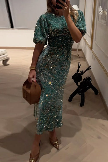 Sequin Puff Sleeve Midi Dress