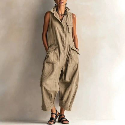 Sleeveless Button Front Cargo Jumpsuit