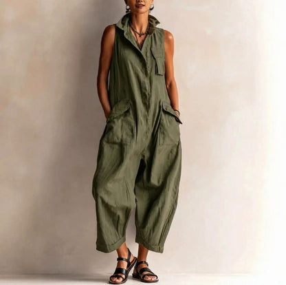 Sleeveless Button Front Cargo Jumpsuit