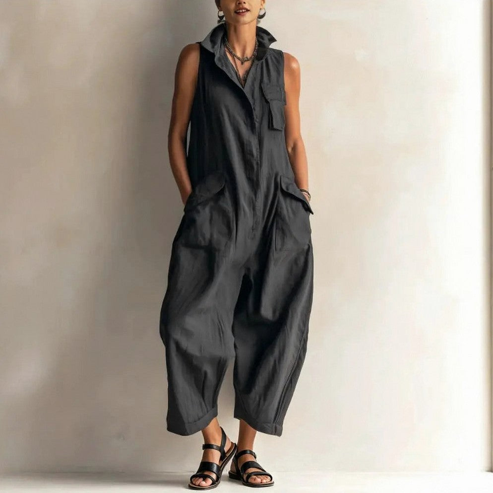 Sleeveless Button Front Cargo Jumpsuit
