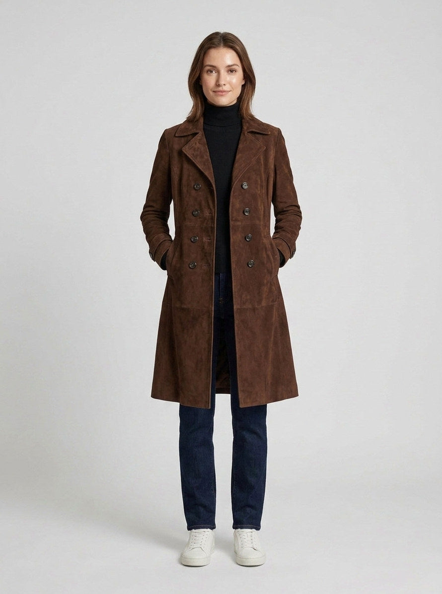 Suede Long Sleeve Double Breasted Coat