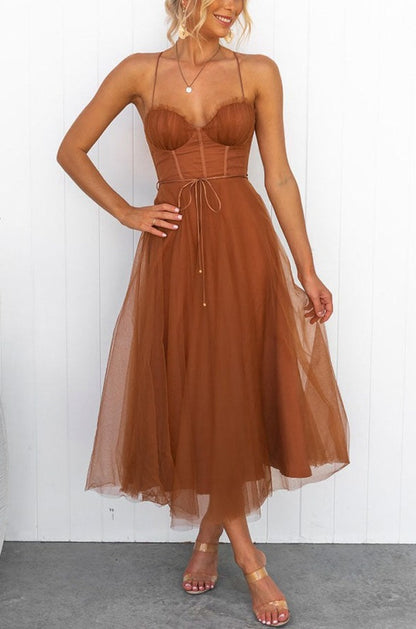 Tulle Corset Tie Waist Midi Dress