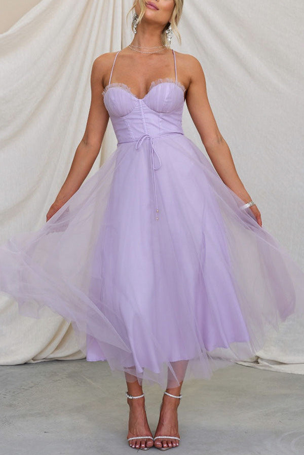 Tulle Corset Tie Waist Midi Dress