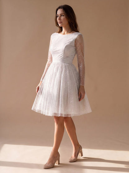 Tulle Long Sleeve Pleated Mini Dress