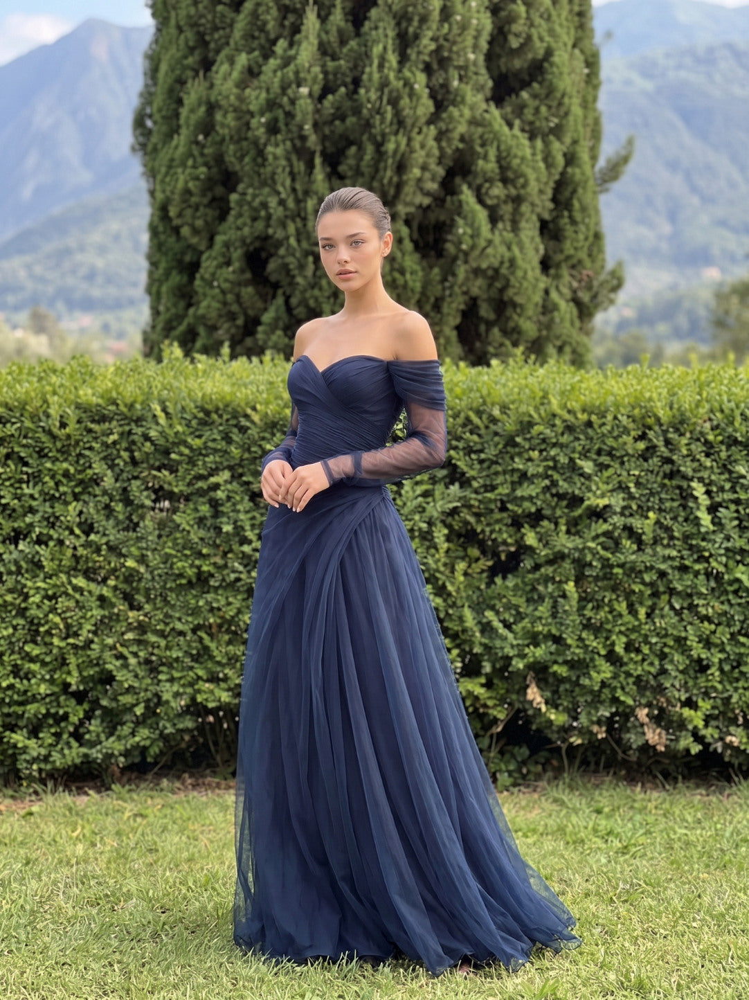 Tulle Long Sleeve Ruched Maxi Dress