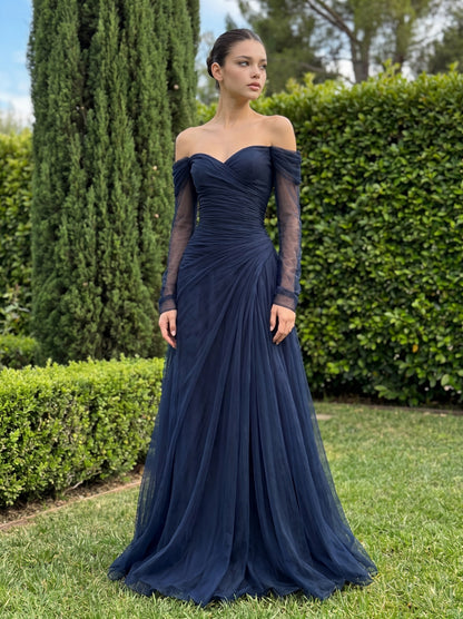 Tulle Long Sleeve Ruched Maxi Dress