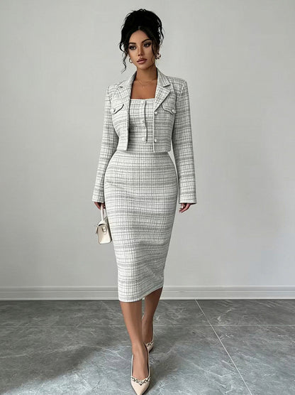 Tweed Plaid Midi Dress Set