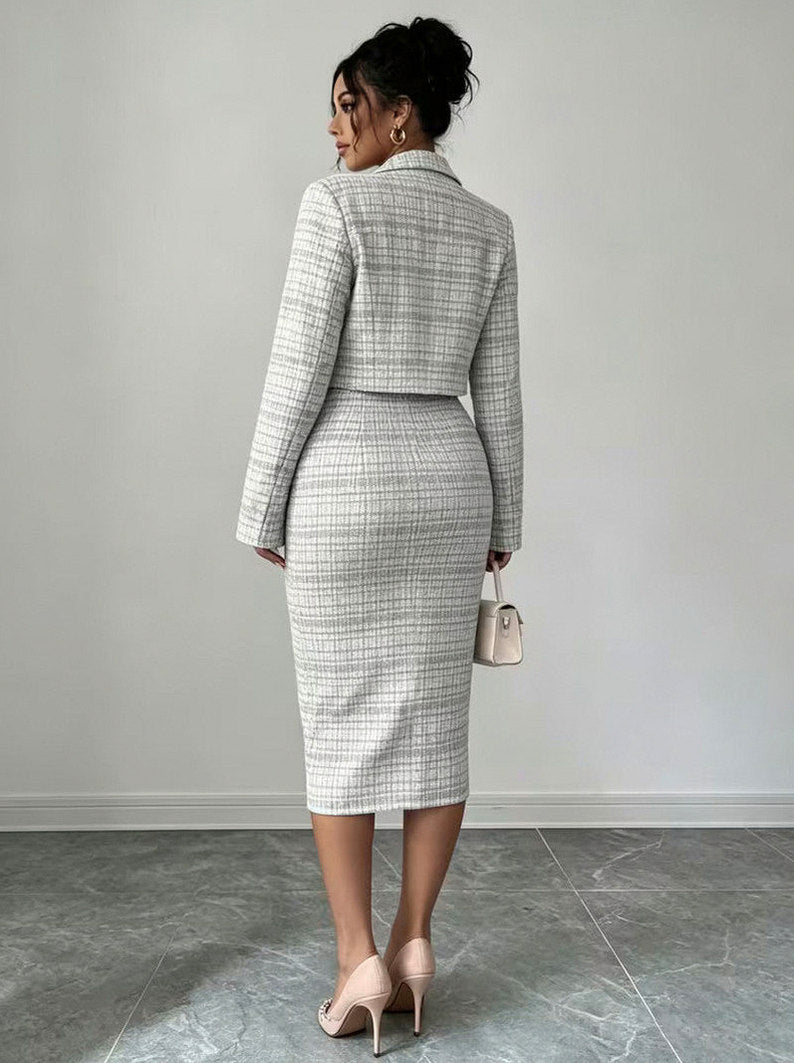 Tweed Plaid Midi Dress Set