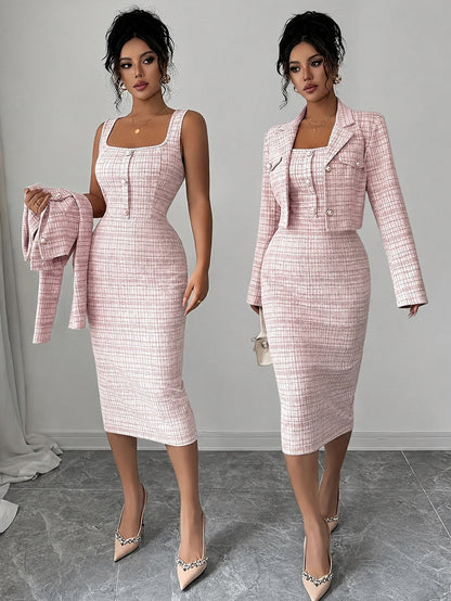 Tweed Plaid Midi Dress Set