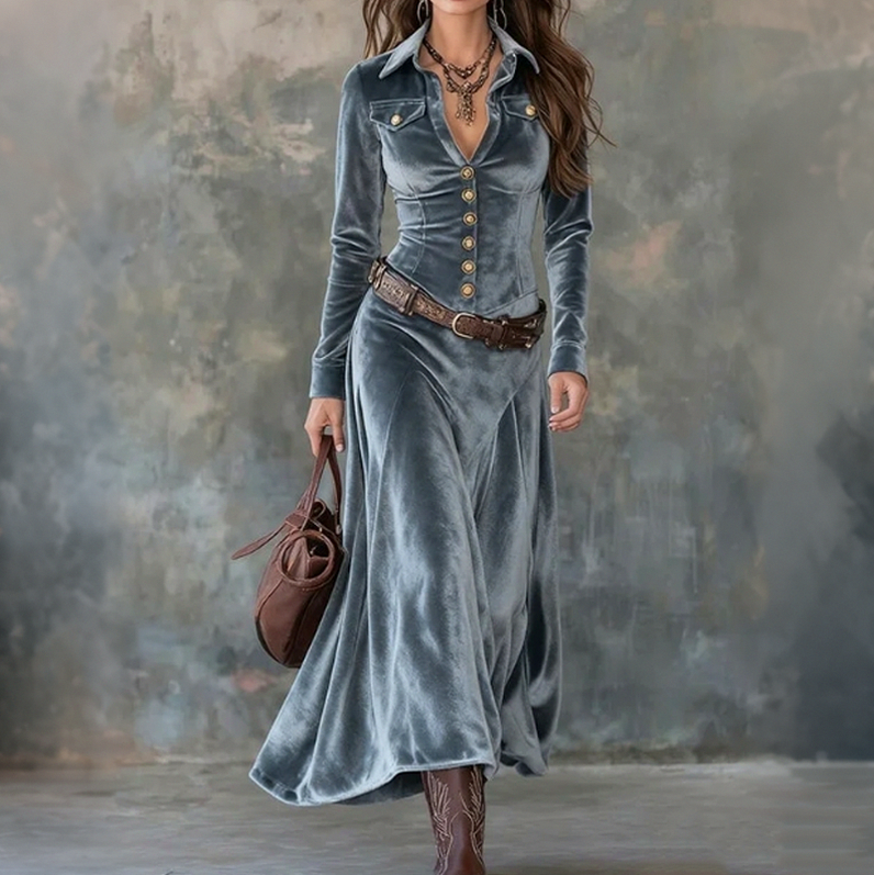 Velvet Button Front Maxi Dress