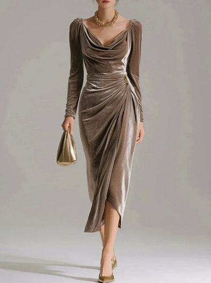 Velvet Cowl Long Sleeve Midi