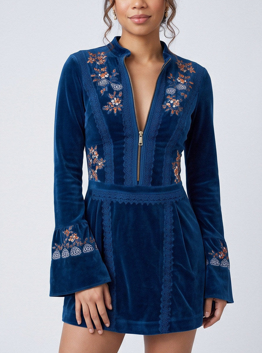 Velvet Embroidered Bell Sleeve Mini Dress