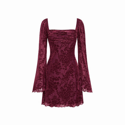Velvet Long Sleeve Square Neck Mini Dress