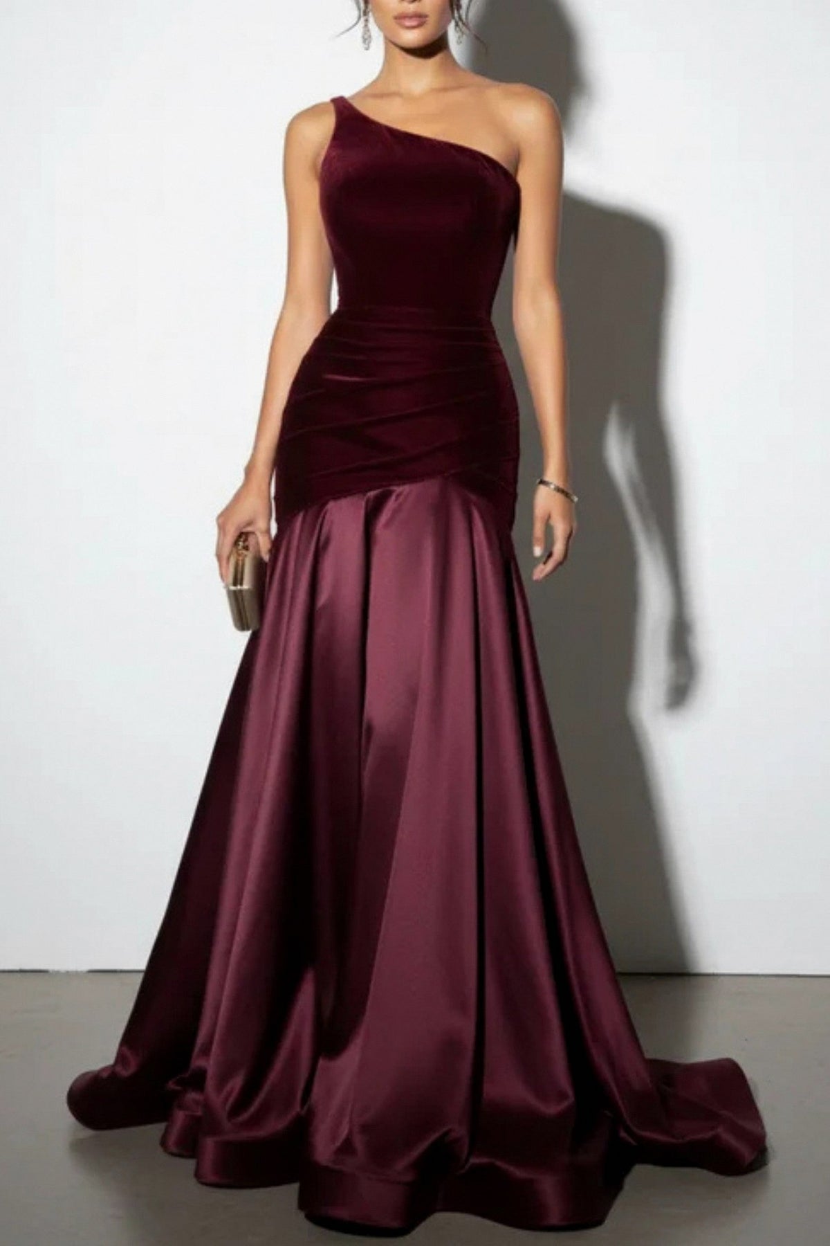 Velvet One Shoulder Drop Waist Maxi Dress
