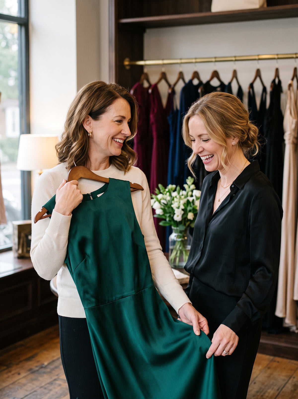 Two friends laughing in a boutique as one holds up a green satin dress
